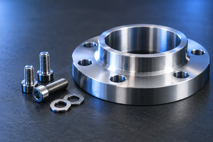 Conceptual precision flange and machined fasteners on a graphite surface.