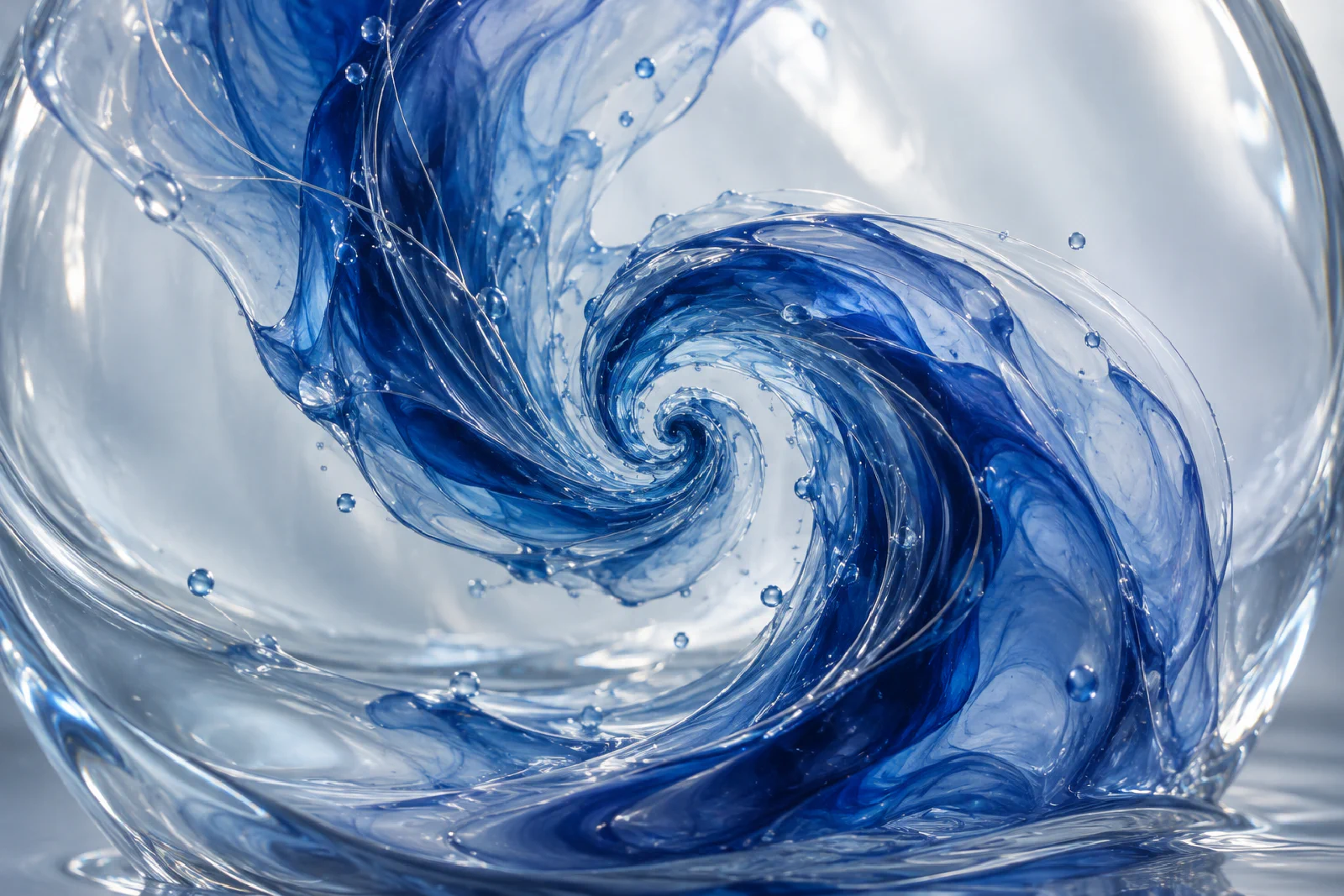 Conceptual cobalt-blue fluid vortex with translucent folds and fine silver streamlines.