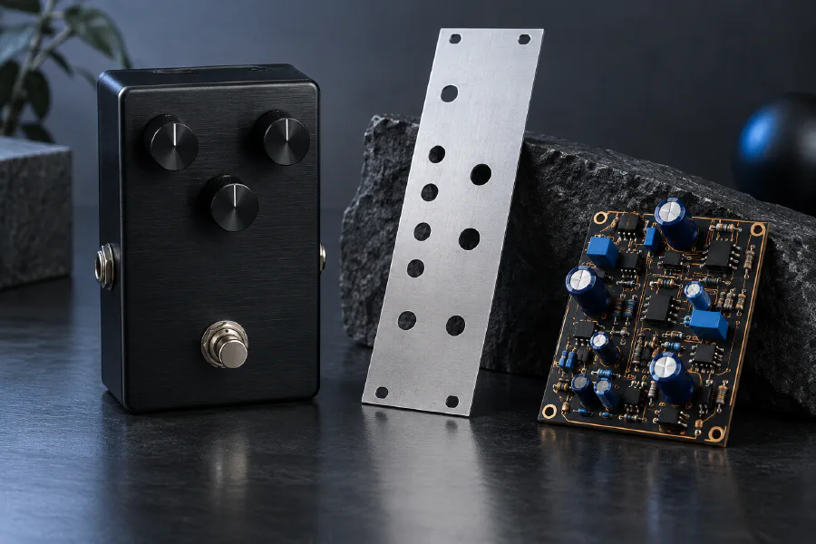 Conceptual analog pedal enclosure, aluminum module panel and audio circuit board.