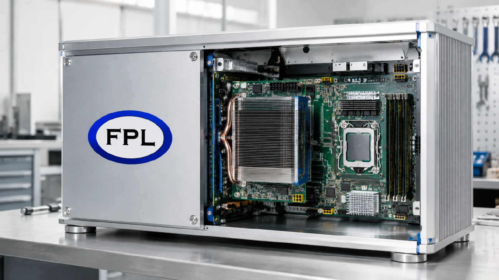 Illustrated FPL-branded compute chassis with CPU and GPU hardware in a bright workshop.