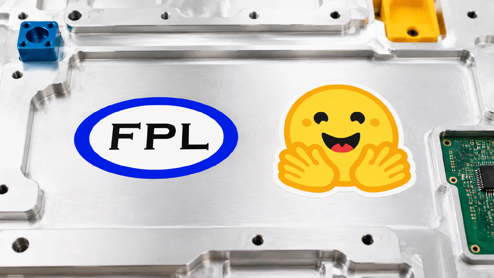 FPL and Hugging Face logos on an illustrated machined-aluminum surface with circuit-board details.