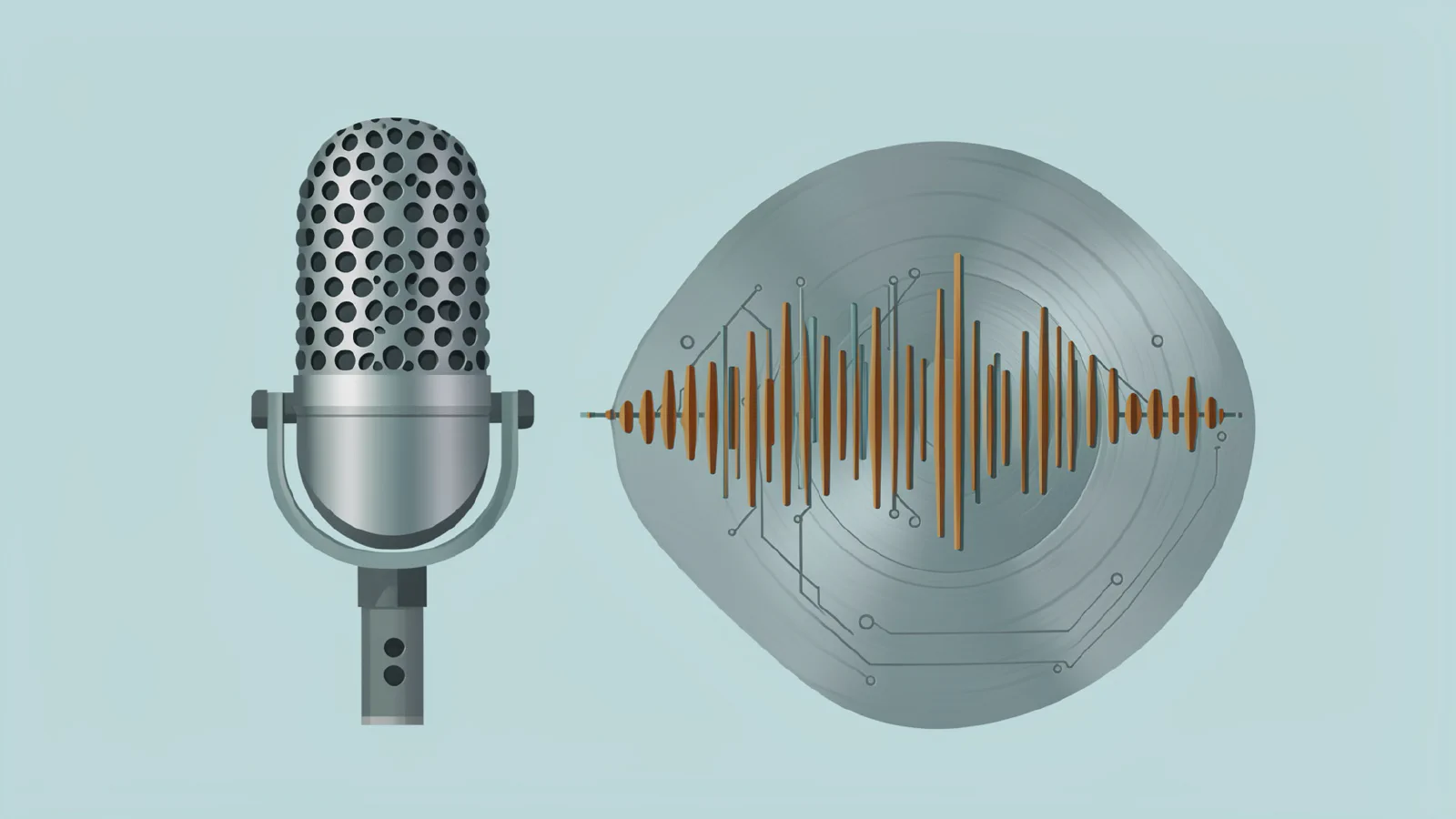 Illustrated studio microphone beside an audio waveform cut into a brushed metal disc, with faint circuit traces.
