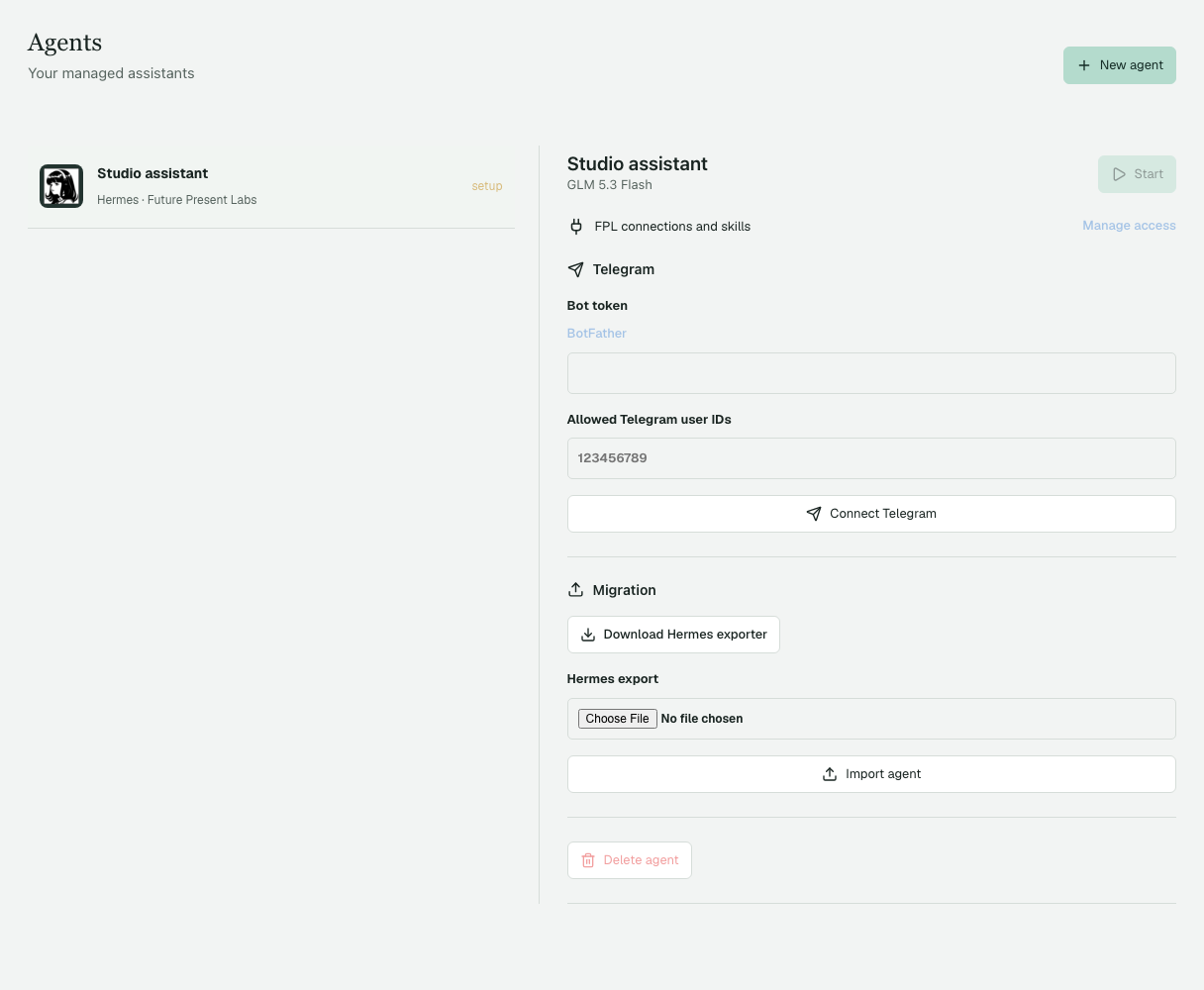 Hermes setup in Heimdall showing FPL connections and skills, an empty Telegram credential form, and migration controls.