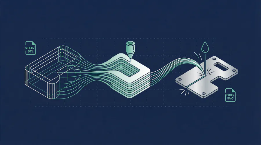 Illustration connecting CAD geometry, machining and a fabricated part.