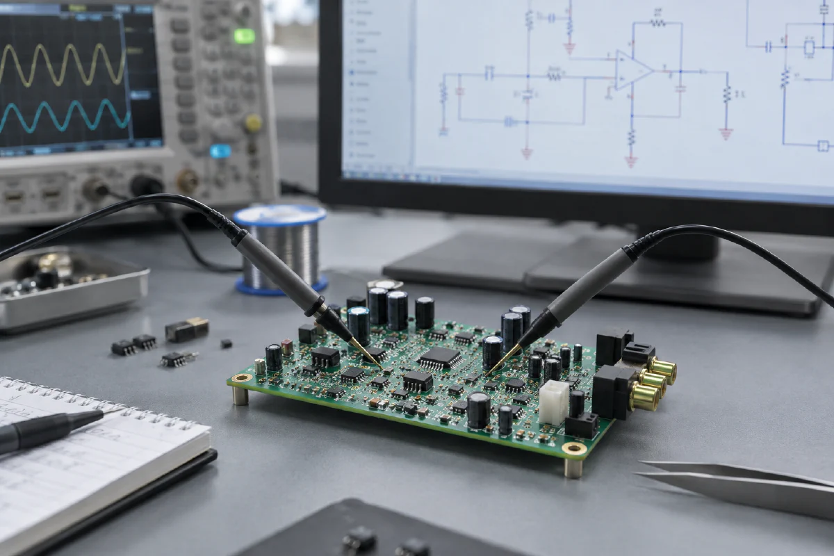 Illustrative analog audio board under test, with circuit design in view.