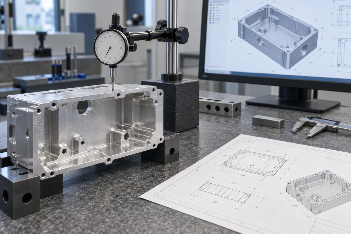 Illustrative machined enclosure under dimensional inspection, beside its CAD model and engineering drawing.